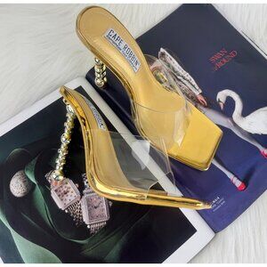 Cape Robbin Metro Gold Patent Leather Clear Vamp Slip On Heel Sandals Mules
